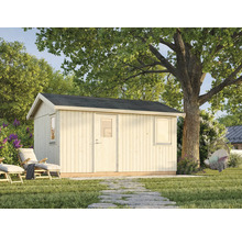 Gartenhaus aus Holz mit Fenster und Tür im Garten