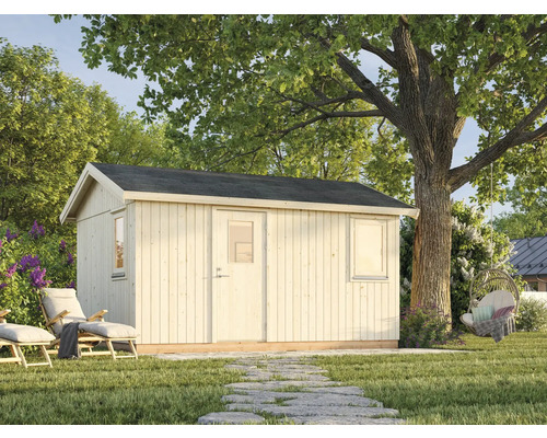 Gartenhaus aus Holz mit Fenster und Tür im Garten