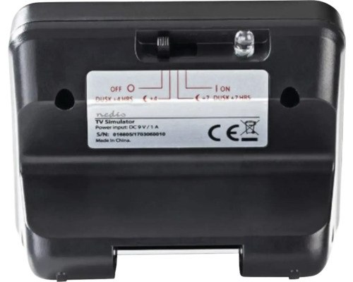Nedis TV Simulator Rückansicht mit Informationen zu Stromversorgung und Herkunft