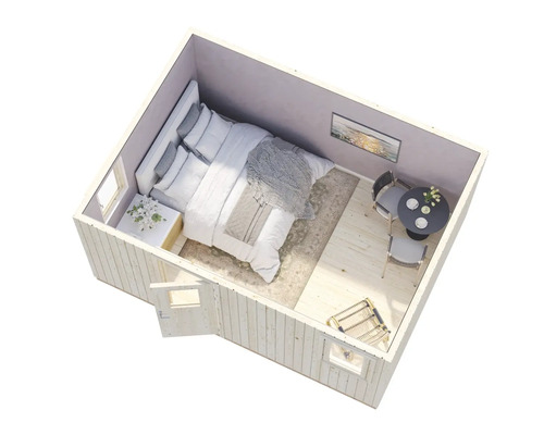 Innenansicht eines Gartenhauses mit Bett, Tisch und Stühlen