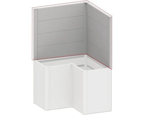 Eckdusche mit weißen Duschwannen und grauen Paneelen