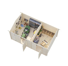 Innenansicht eines Holzgartenhauses mit Gartengeräten, Rasenmäher und Holzlager