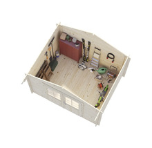 Innenansicht eines Gartenhauses mit Werkzeugen, Geräten und Möbeln