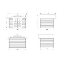 Technische Zeichnung eines Gartenhauses mit Maßangaben.