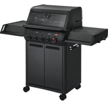Schwarzer Gasgrill mit vier Brennern, Seitentischen und Unterschrank.