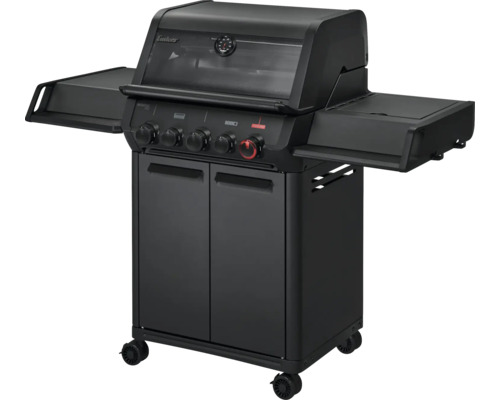 Schwarzer Gasgrill mit vier Brennern, Seitentischen und Unterschrank.