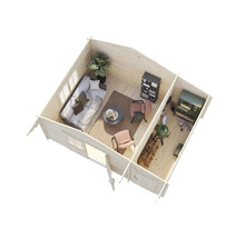 Innenansicht eines Holzhauses mit Möbeln und Einrichtungsgegenständen