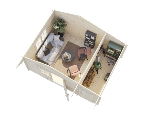 Innenansicht eines Holzhauses mit Möbeln und Einrichtungsgegenständen