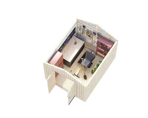 Innenansicht eines hellen Gartenschuppens mit Werkbank, Werkzeugwand, Schrank, Regal und Schubkarre