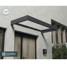 Modernes Haustürvordach mit Metallrahmen und transparenter Abdeckung über einer Holztür. Canopia by Palram Logo. Eingetragenes Design.