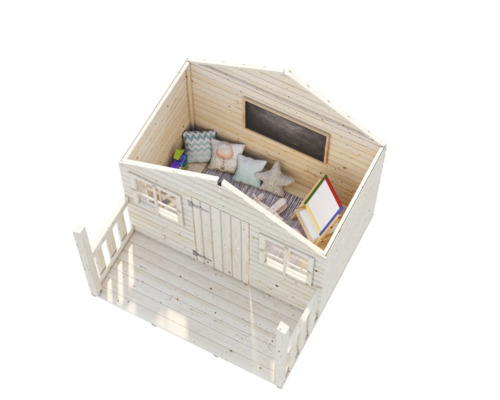 Spielhaus aus Holz mit Veranda, Fenster, Tafel, Staffelei und Kissen