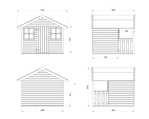 Technische Zeichnung eines Gartenhauses mit Maßangaben