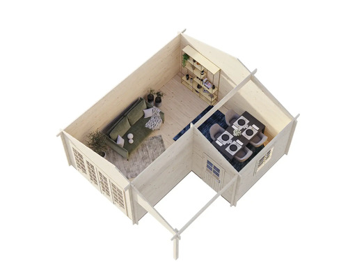 Innenansicht eines Holzhauses mit Wohnzimmer und Essbereich