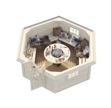 Aufsicht eines Grillkota aus Holz mit Grilltisch, Sitzbänken und Kissen.