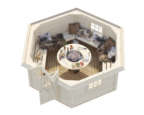 Aufsicht eines Grillkota aus Holz mit Grilltisch, Sitzbänken und Kissen.