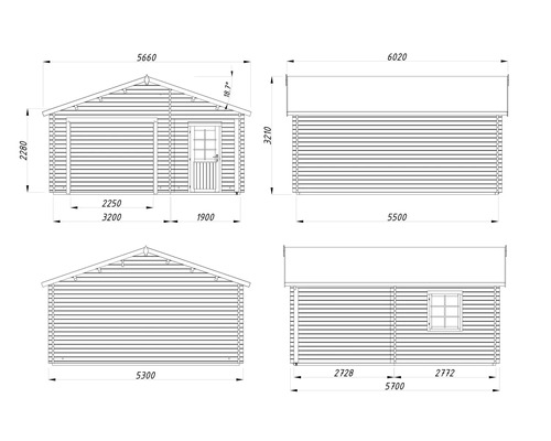 Technische Zeichnung einer Holzgarage mit Abmessungen