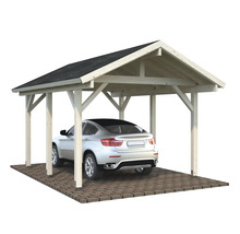 Holzcarport mit Dach und Auto