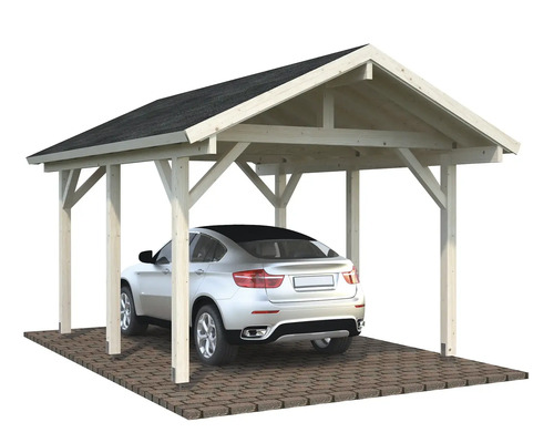 Holzcarport mit Dach und Auto
