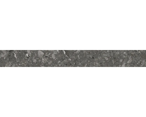 Bodenfliese in Terrazzo-Optik dunkelgrau mit Steineinschlüssen unterschiedlicher Größe.