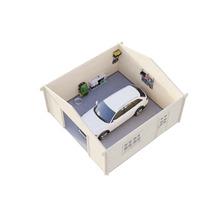 Garage aus Holz mit einem Auto, Regalen und Werkzeugen