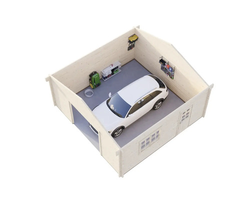 Garage aus Holz mit einem Auto, Regalen und Werkzeugen