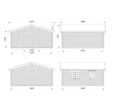 Technische Zeichnung eines Gartenhauses mit Maßangaben.