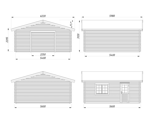 Technische Zeichnung eines Gartenhauses mit Maßangaben.