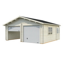 Doppelgarage aus Holz mit zwei Garagentoren, Fenster und Tür