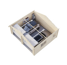 Doppelgarage aus Holz mit zwei Autos und Regal