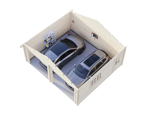 Doppelgarage aus Holz mit zwei Autos, Regalen und Werkzeugen