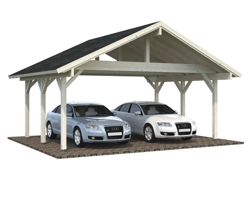 Doppelcarport aus Holz mit zwei Autos