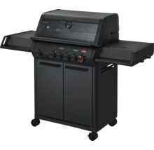 Schwarzer Gasgrill mit Seitenablagen und Unterschrank für den Außenbereich.