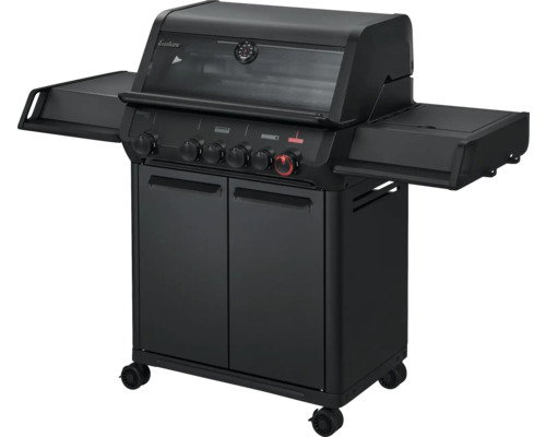 Schwarzer Gasgrill mit Seitenablagen und Unterschrank für den Außenbereich.