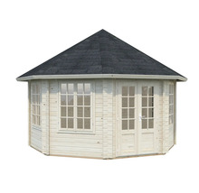 Gartenhaus aus Holz mit Fenstern und Doppeltür