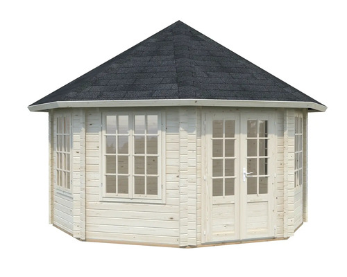 Gartenhaus aus Holz mit Fenstern und Doppeltür