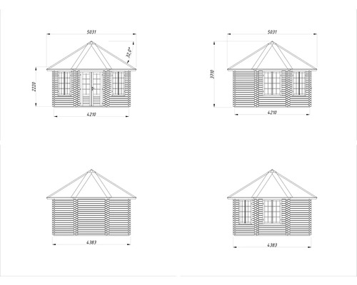 Technische Zeichnung eines Gartenhauses mit Maßangaben