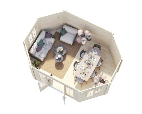 Innenansicht eines Gartenhauses mit Sitzbereich und Esstisch