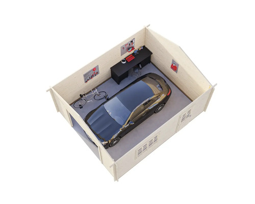 Garage aus Holz mit Auto, Fahrrad und Werkbank