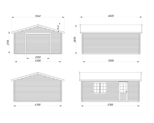 Technische Zeichnung eines Gartenhauses mit Maßangaben.
