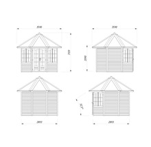 Technische Zeichnung eines Gartenhauses mit Maßangaben