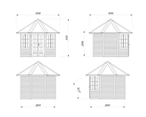 Technische Zeichnung eines Gartenhauses mit Maßangaben