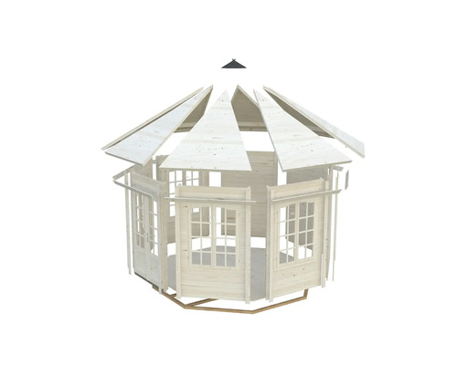 Unvollständiger Gartenpavillon mit Fenster und Holzkonstruktion