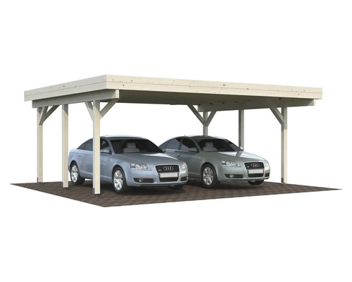 Doppelcarport aus Holz mit zwei darunter geparkten Autos.