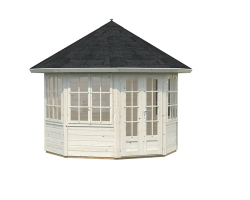 Gartenpavillon aus Holz mit Fenstern und Dachschindeln