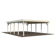 Holzcarport mit Flachdach und mehreren Stützpfeilern
