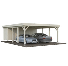 Doppelcarport aus Holz mit zwei geparkten Autos