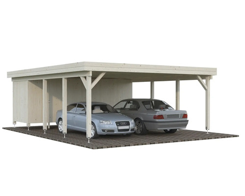 Doppelcarport aus Holz mit zwei geparkten Autos