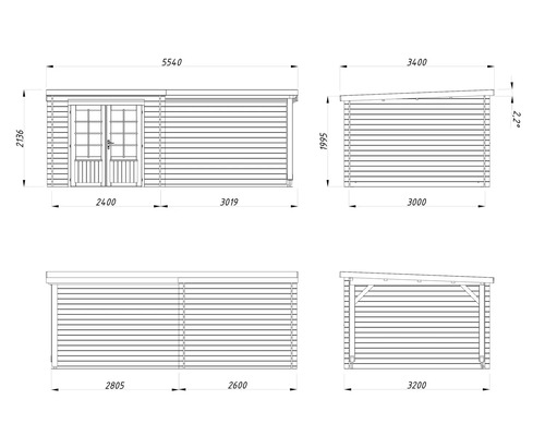 Technische Zeichnung eines Gartenhauses mit Maßangaben