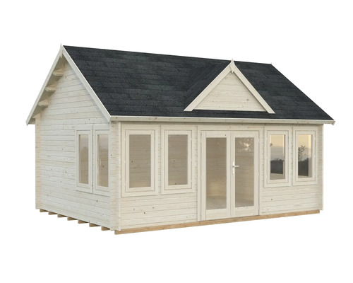 Gartenhaus aus Holz mit Fenstern und Doppeltür