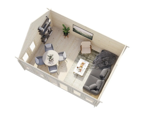 Innenansicht eines hellen Holzgartenhauses mit Möbeln